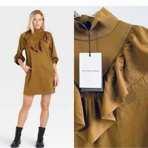 Who What Wear Women's Small Shirt Dress Brown Ruffle Long Sleeve Mock Neck Boho